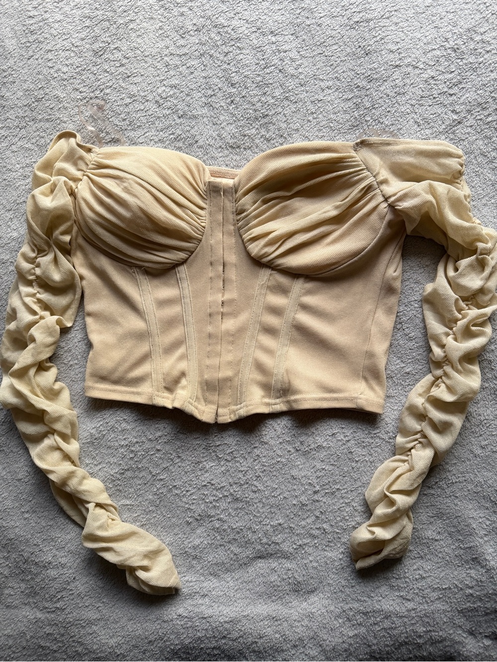 Fashion Nova Cream Ruched Off-Shoulder Bustier Crop Top